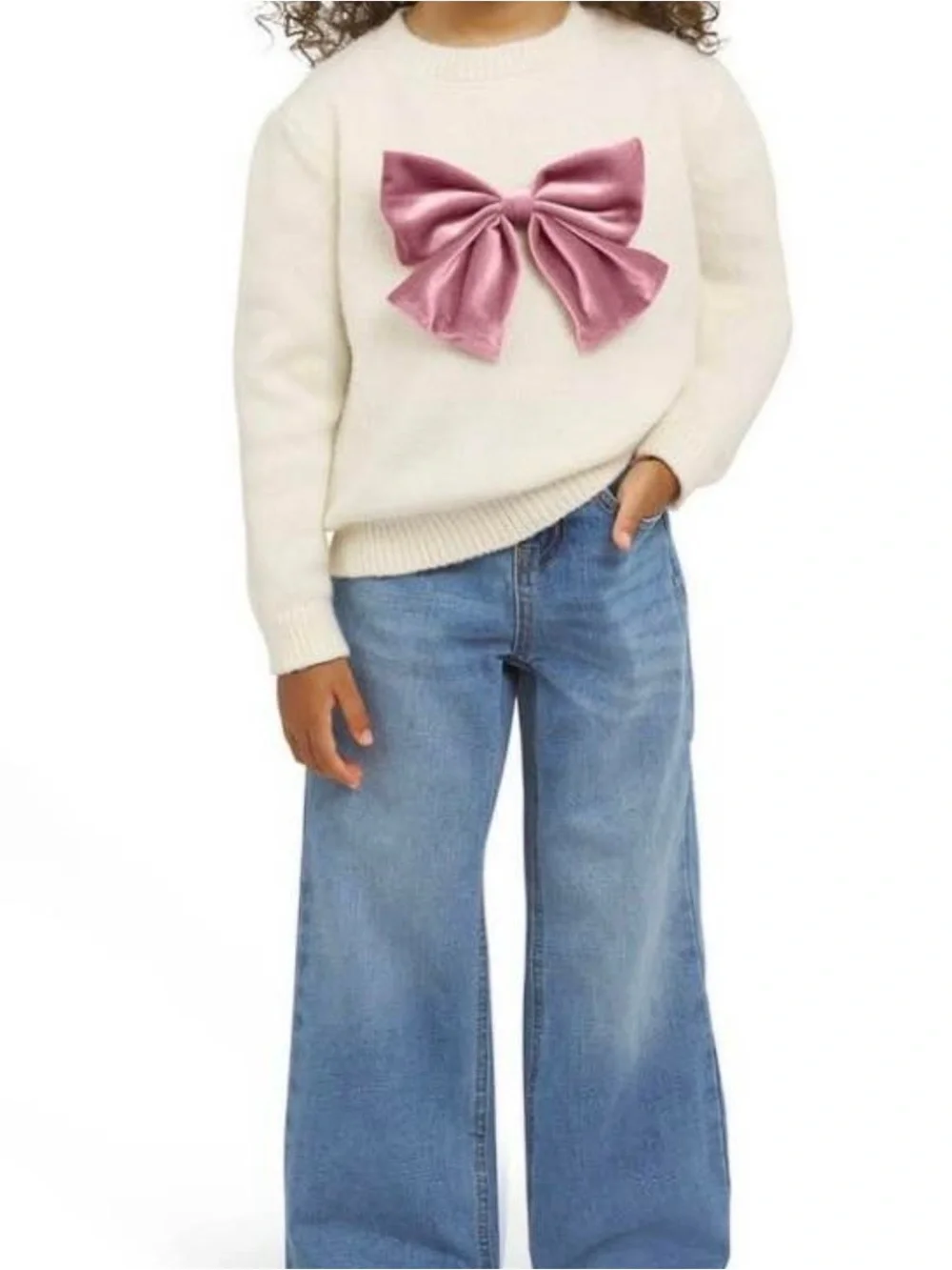 Lands' End Cream Kids Sweater with Pink Velvet Bow Accent 3T NWT